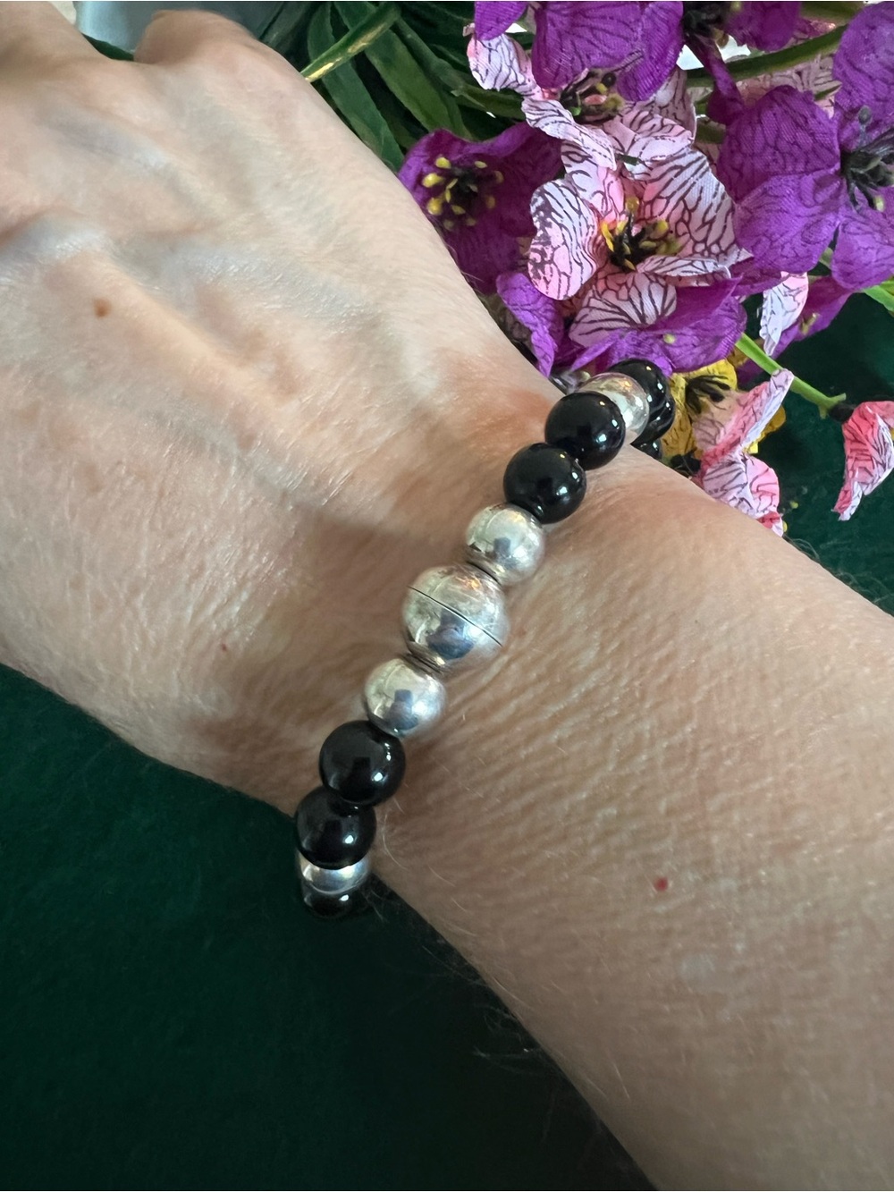 Sterling Silver & Black Onyx Bead Bracelet with Magnetic Clasp